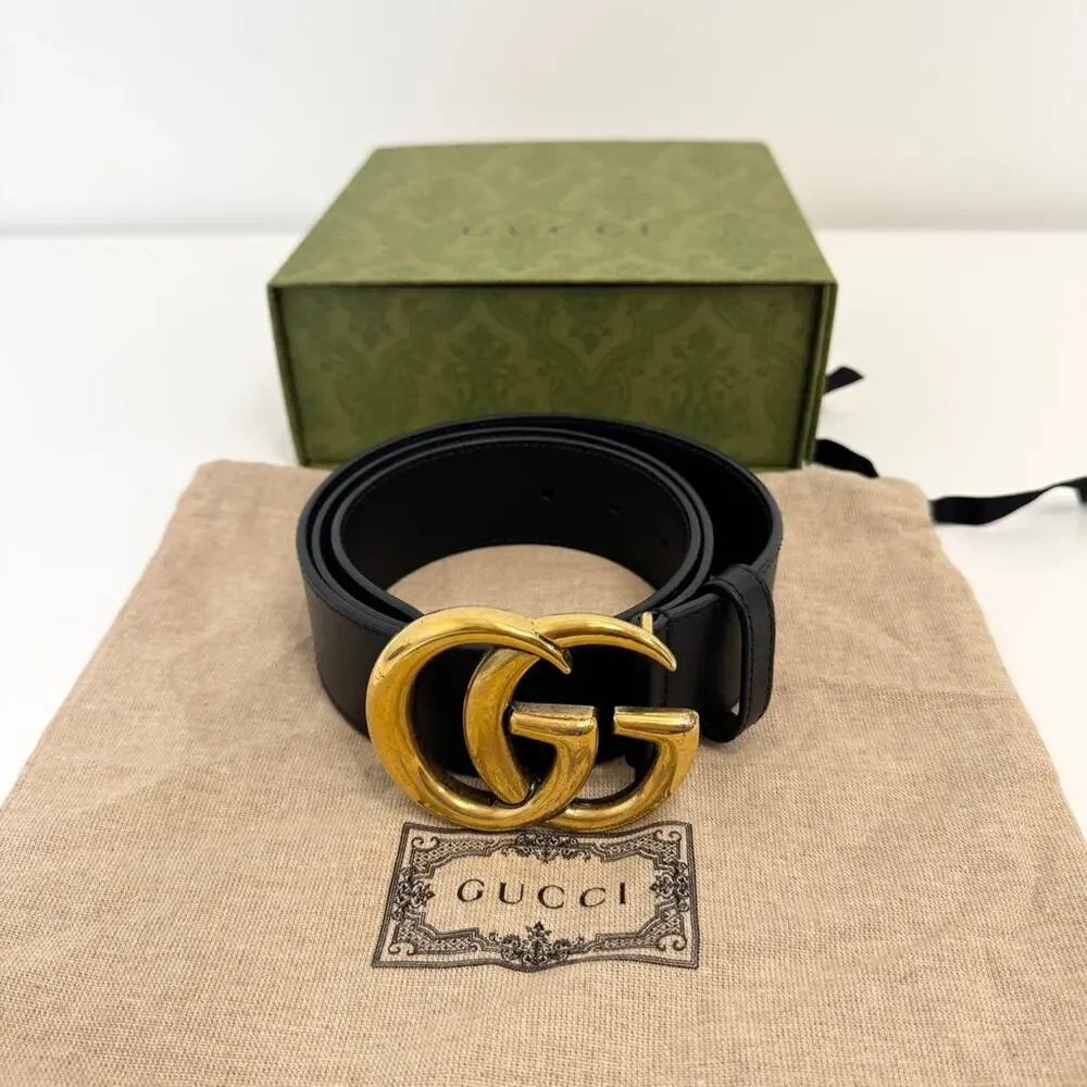 GUCCI Black Leather Gold GG Belt Marmont Wide With Box Size 85 34